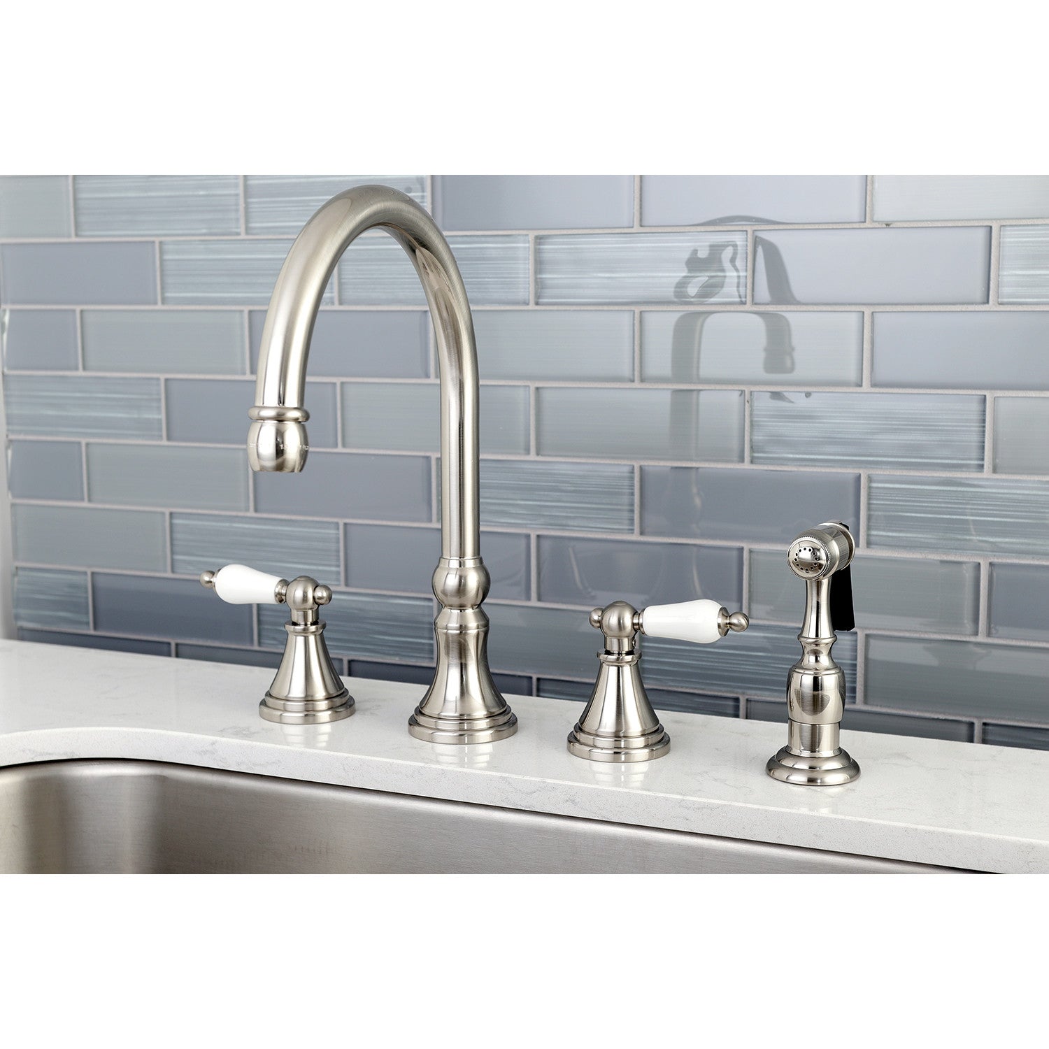 Kingston Tulare KS2798PLBS - Governor Double-Handle 4-Hole Widespread Kitchen Faucet with Brass Sprayer, Brushed Nickel — thumbnail 2